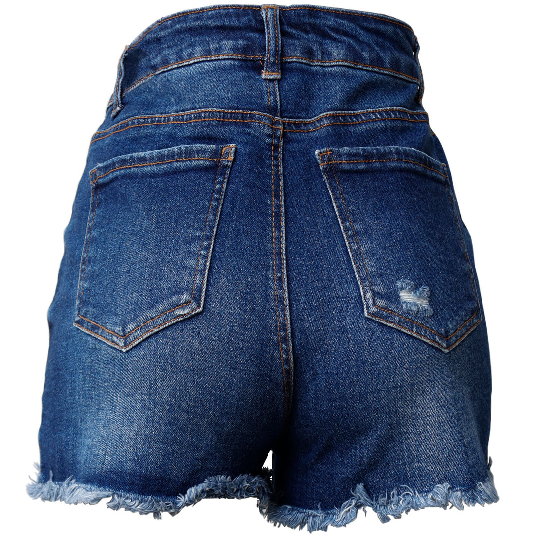 Short de Mezclilla Dama Talle Alto con Bolsillos y Estilo Desgastado