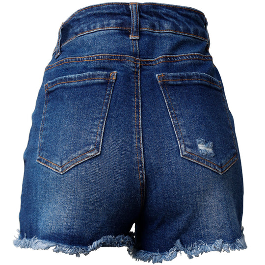 Short de Mezclilla Dama Talle Alto con Bolsillos y Estilo Desgastado