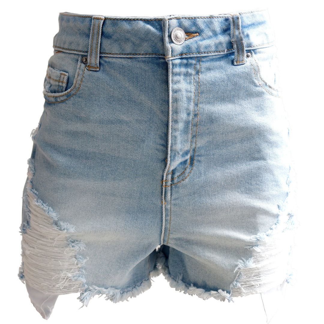Short de Mezclilla Dama Talle Alto con Bolsillos y Estilo Desgastado
