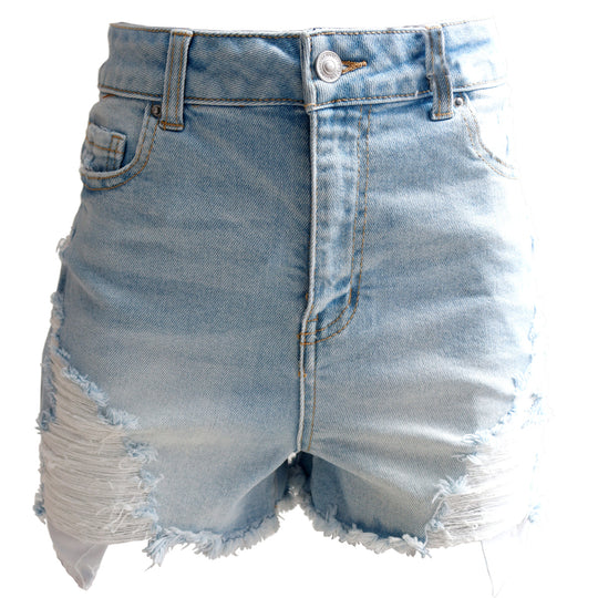 Short de Mezclilla Dama Talle Alto con Bolsillos y Estilo Desgastado