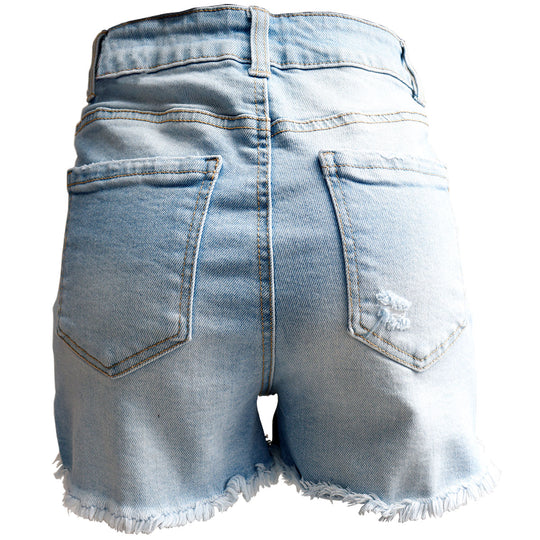Short de Mezclilla Dama Talle Alto con Bolsillos y Estilo Desgastado