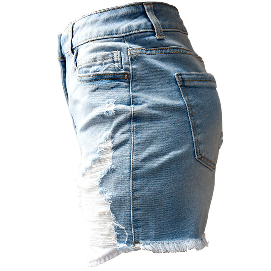 Short de Mezclilla Dama Talle Alto con Bolsillos y Estilo Desgastado