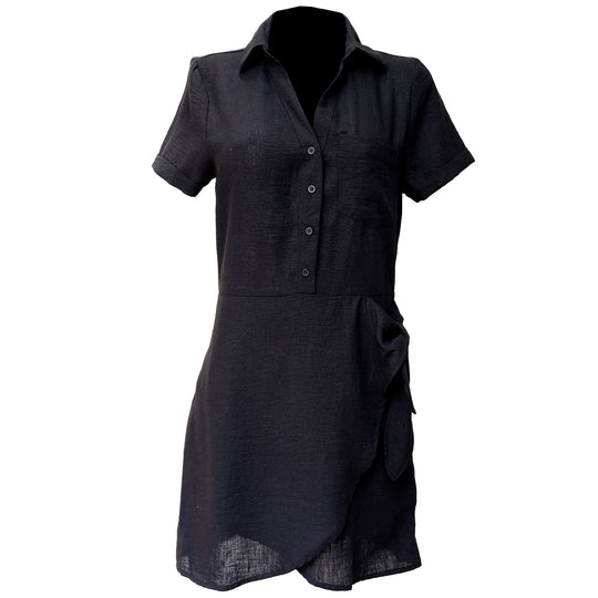 Vestido Camisero Negro para Mujer con Botones Frontales