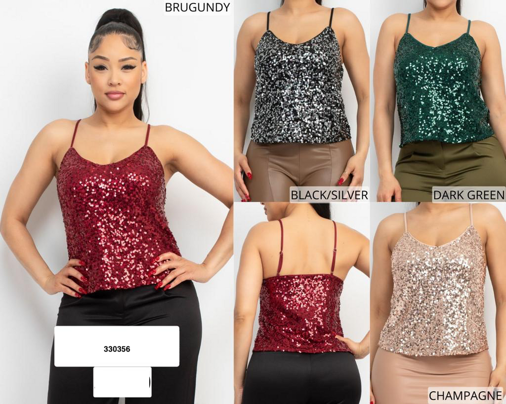 Blusa Sequin Tank con tirantes, sin mangas, brillante