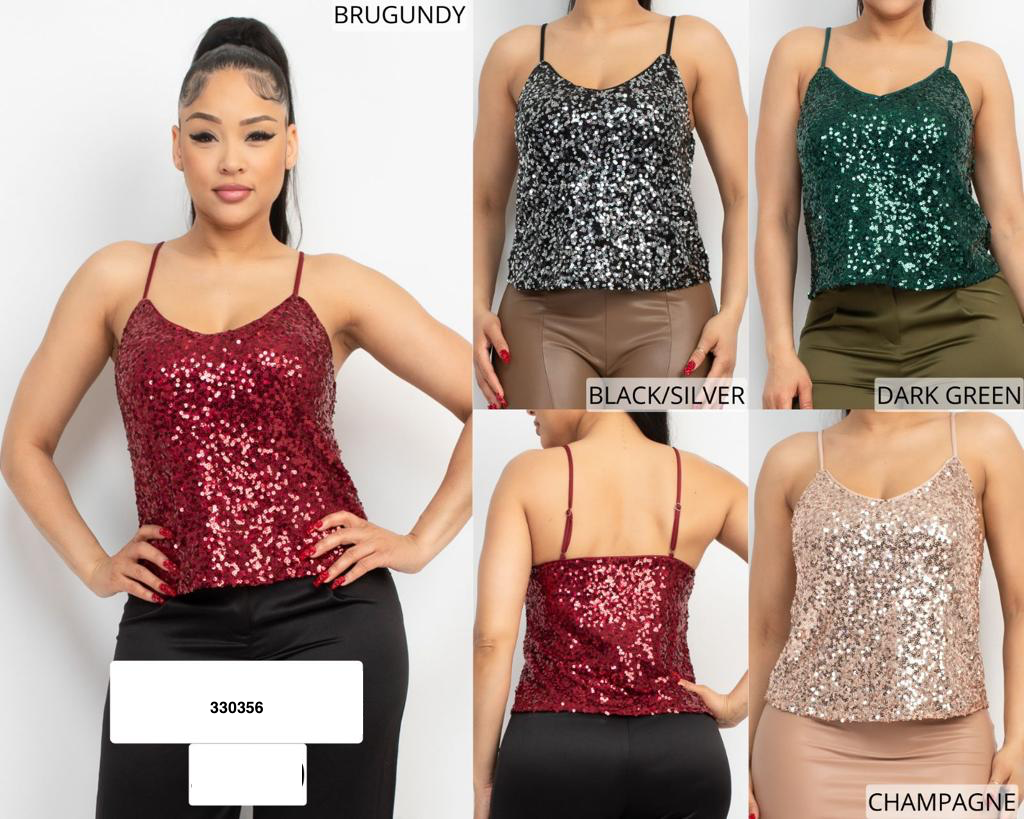 Blusa Sequin Tank con tirantes, sin mangas, brillante