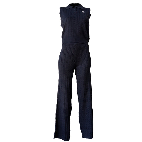 Conjunto Tejido de Punto Mujer – Top Polo sin Mangas y Pantalón Acampanado