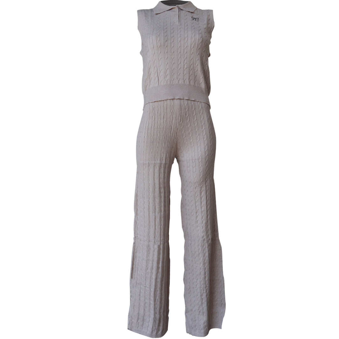 Conjunto Tejido de Punto Mujer – Top Polo sin Mangas y Pantalón Acampanado