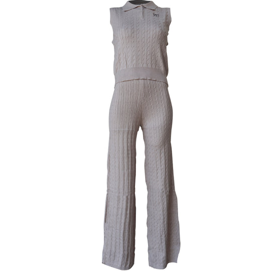 Conjunto Tejido de Punto Mujer – Top Polo sin Mangas y Pantalón Acampanado