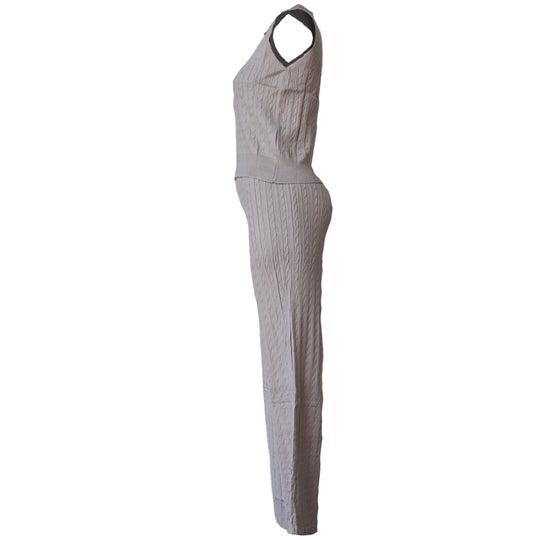 Conjunto Tejido de Punto Mujer – Top Polo sin Mangas y Pantalón Acampanado