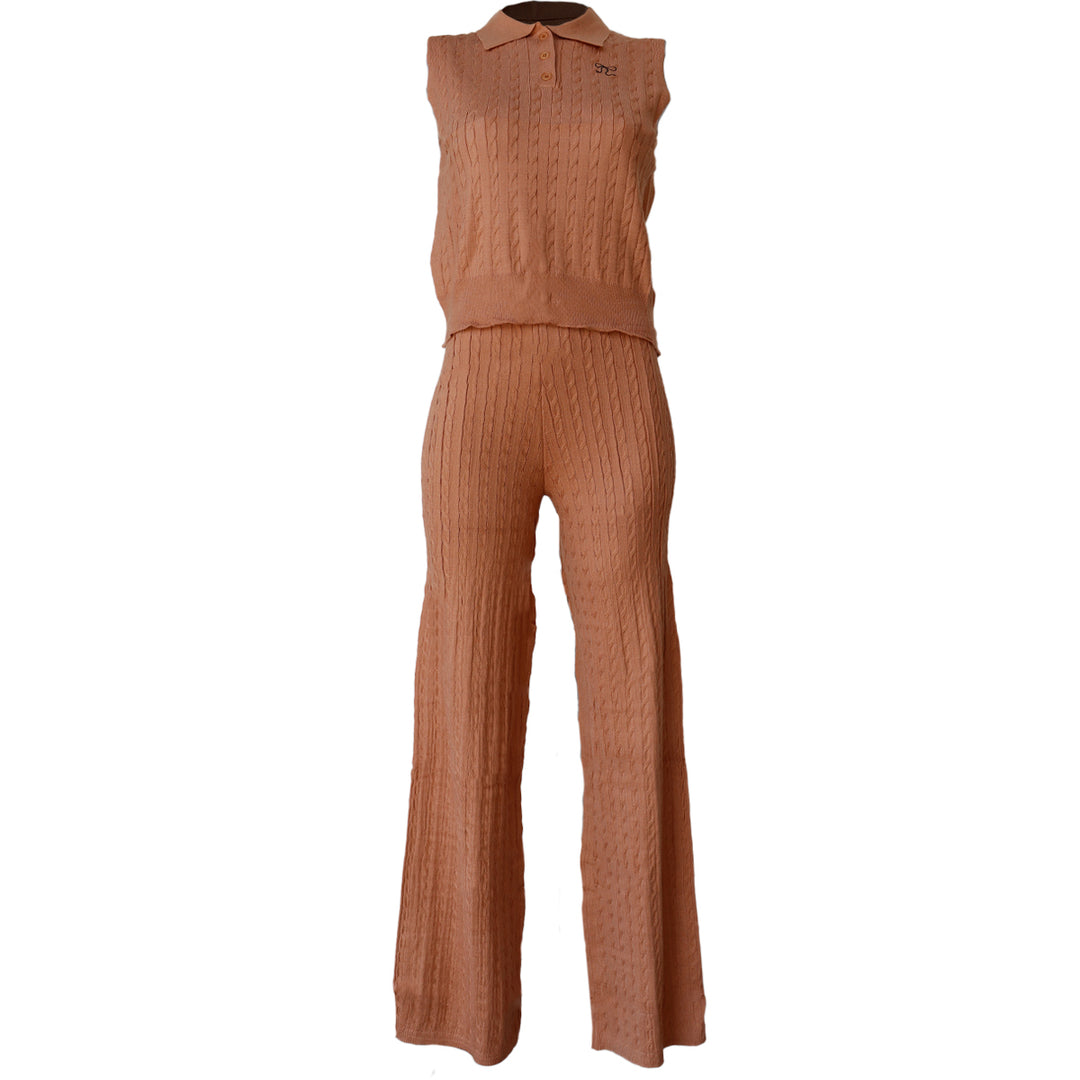 Conjunto Tejido de Punto Mujer – Top Polo sin Mangas y Pantalón Acampanado