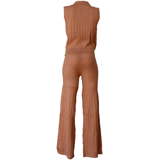 Conjunto Tejido de Punto Mujer – Top Polo sin Mangas y Pantalón Acampanado