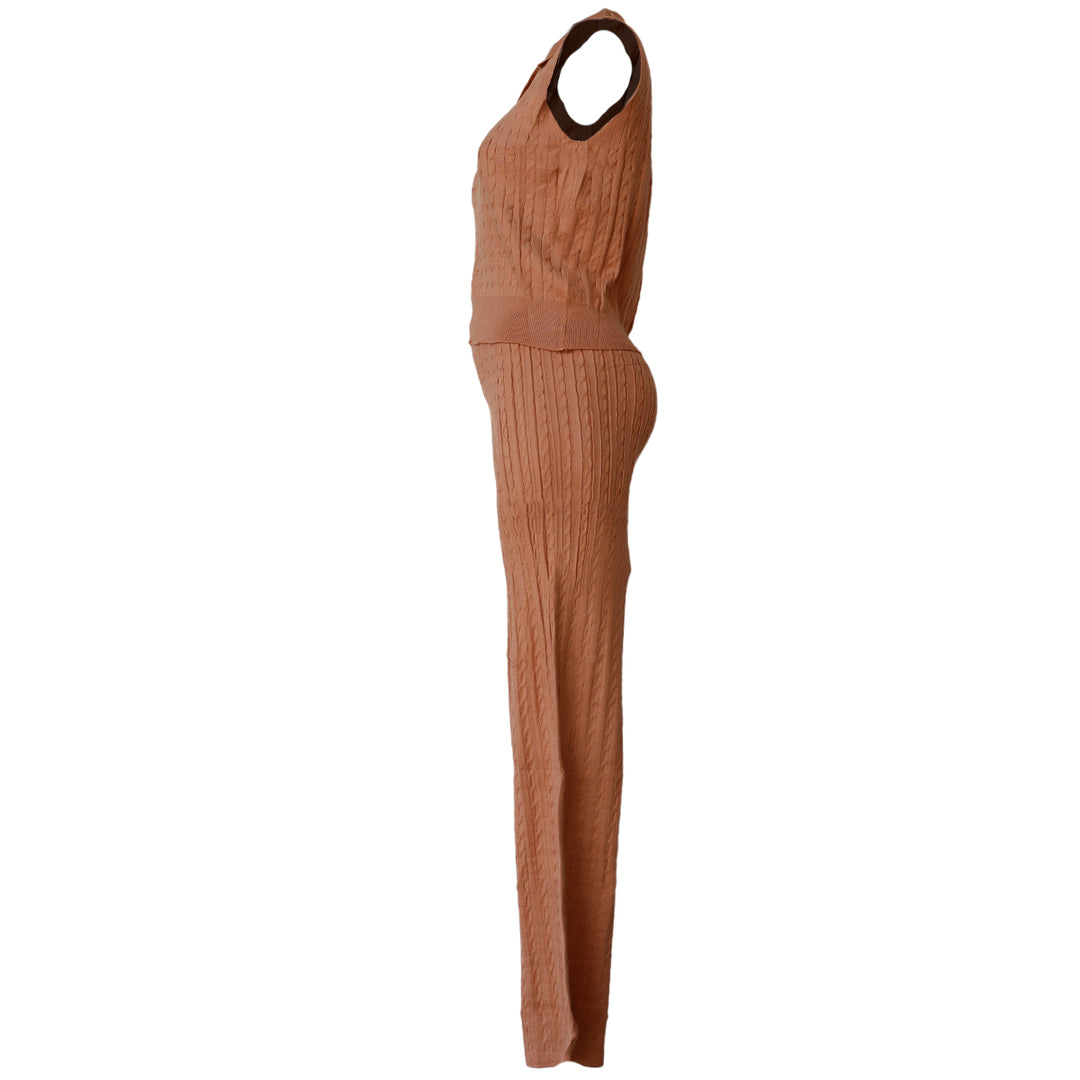 Conjunto Tejido de Punto Mujer – Top Polo sin Mangas y Pantalón Acampanado