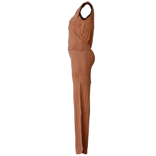 Conjunto Tejido de Punto Mujer – Top Polo sin Mangas y Pantalón Acampanado