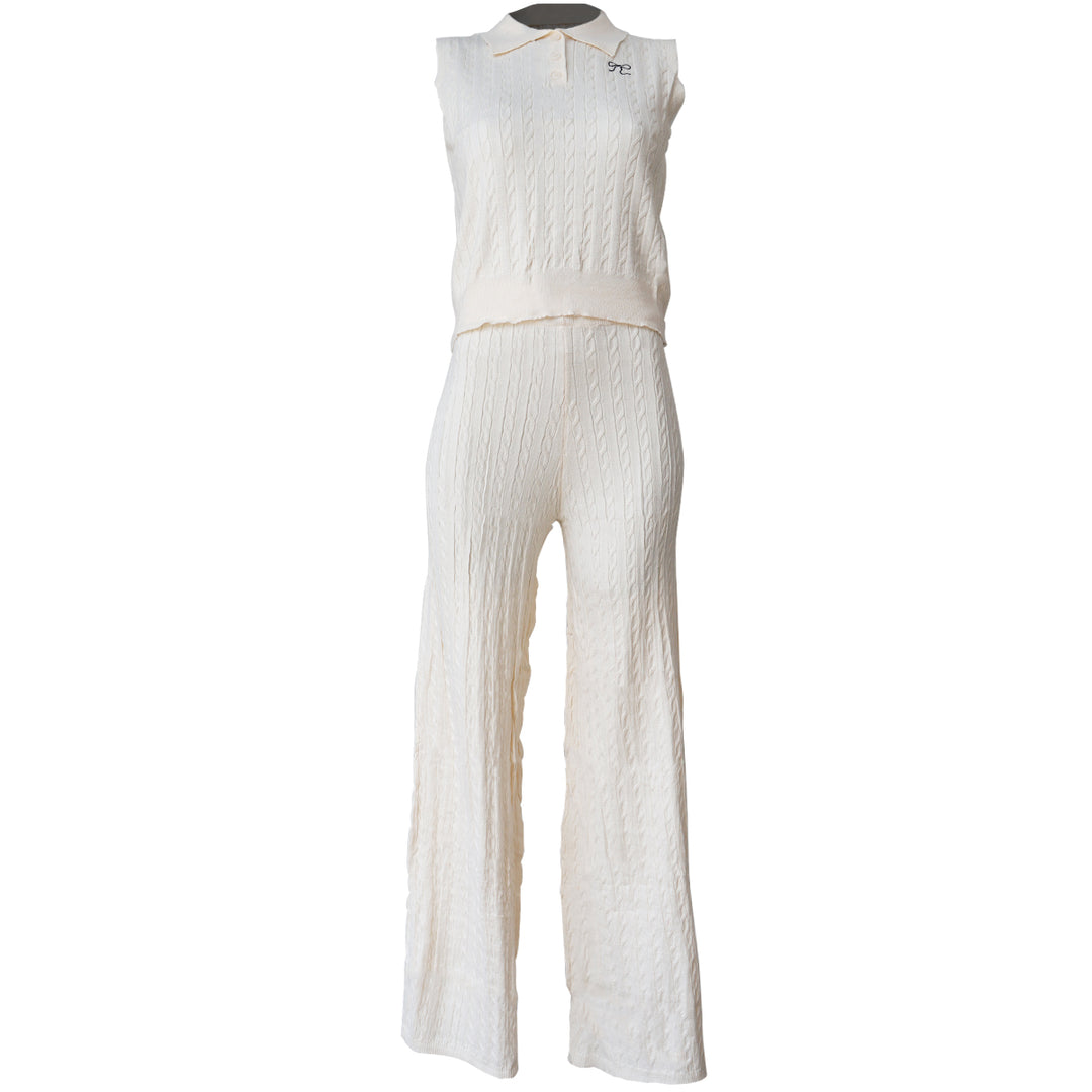 Conjunto Tejido de Punto Mujer – Top Polo sin Mangas y Pantalón Acampanado