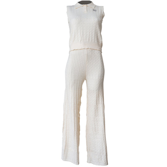Conjunto Tejido de Punto Mujer – Top Polo sin Mangas y Pantalón Acampanado