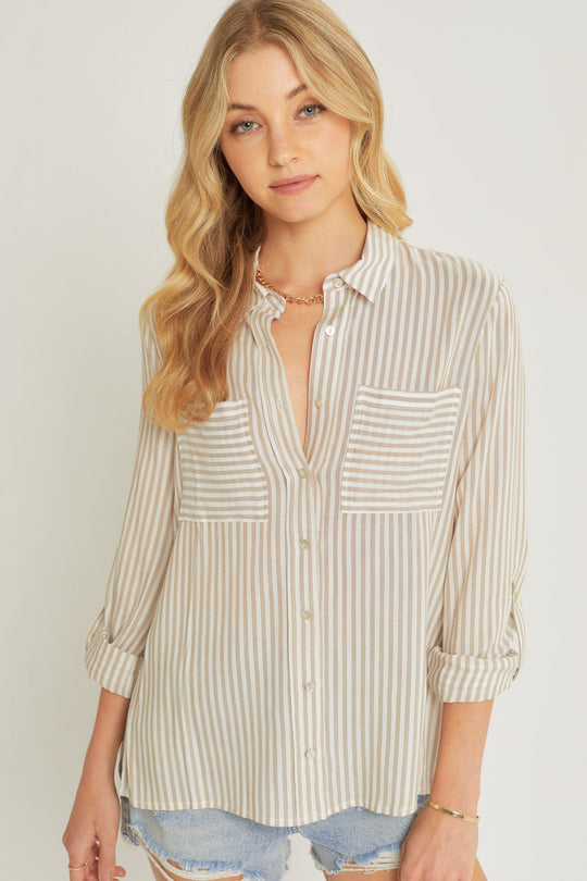 Camisa de Rayas Verticales con Dos Bolsillos