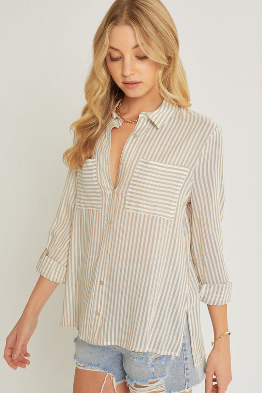 Camisa de Rayas Verticales con Dos Bolsillos