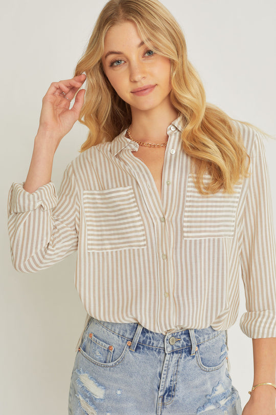 Camisa de Rayas Verticales con Dos Bolsillos