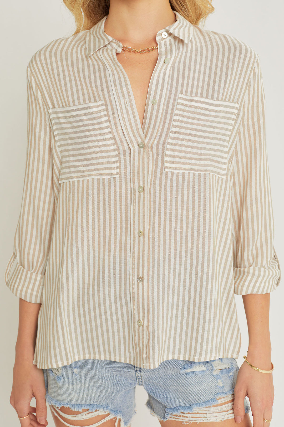 Camisa de Rayas Verticales con Dos Bolsillos