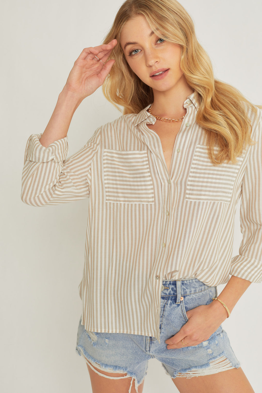 Camisa de Rayas Verticales con Dos Bolsillos