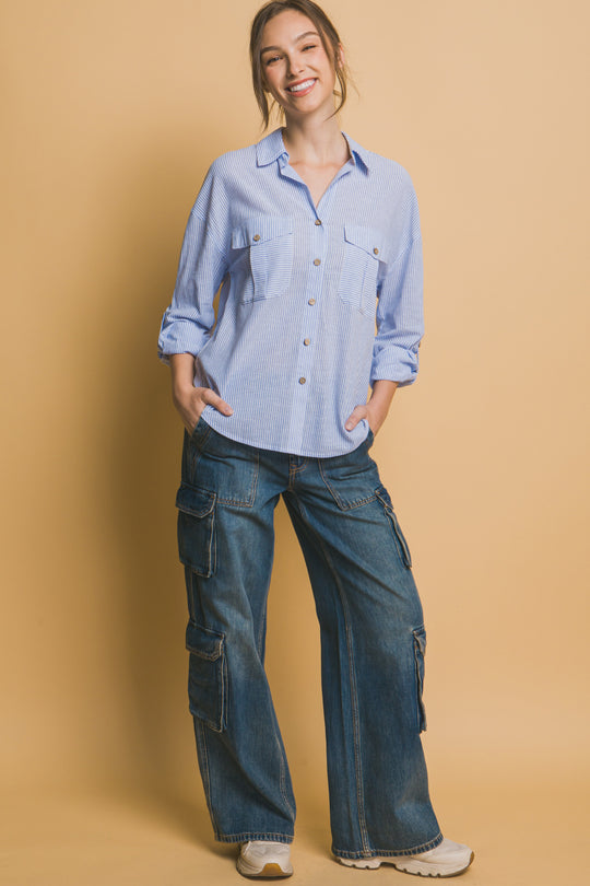 Camisa 3/4 Oversize con dos Bolsillos en frente