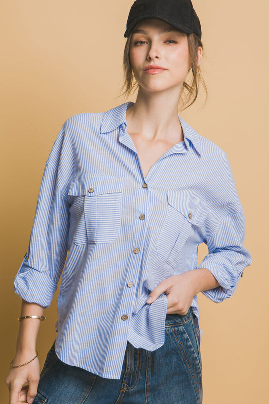 Camisa 3/4 Oversize con dos Bolsillos en frente