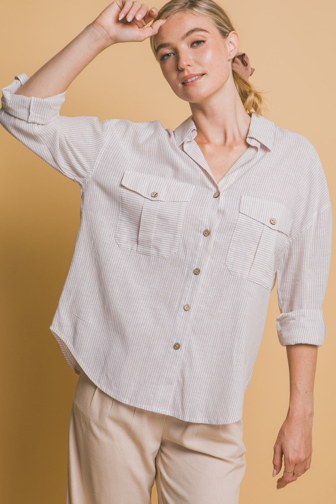 Camisa 3/4 Oversize con dos Bolsillos en frente