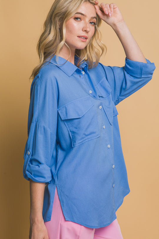 Blusa Overzise Con Bolsillos en Frente