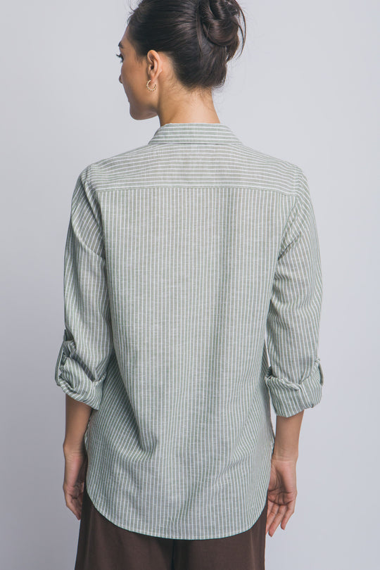 Blusa Para Mujer de Lino a Rayas Diplomáticas - Diseño con Bolsillos Frontales