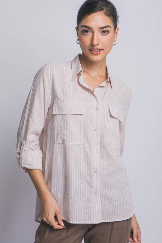 Blusa Para Mujer de Lino a Rayas Diplomáticas - Diseño con Bolsillos Frontales