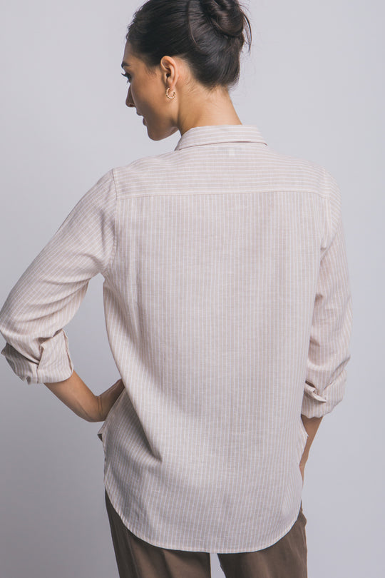 Blusa Para Mujer de Lino a Rayas Diplomáticas - Diseño con Bolsillos Frontales