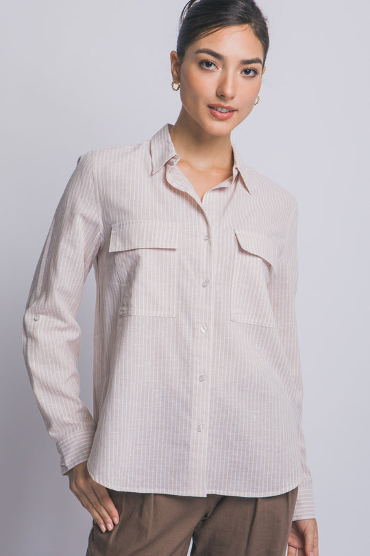 Blusa Para Mujer de Lino a Rayas Diplomáticas - Diseño con Bolsillos Frontales