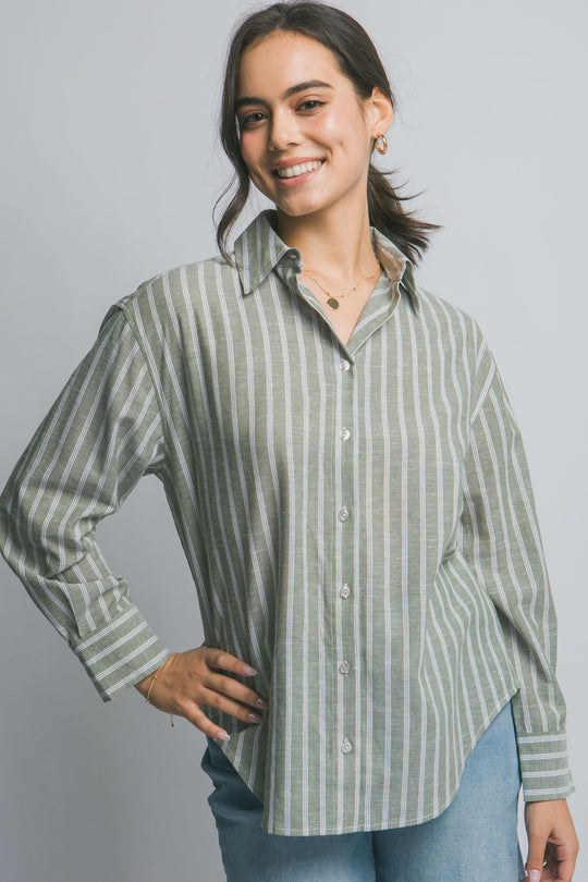 Camisa de Manga Larga para Mujer con Estampado de Rayas y Cuello Clásico