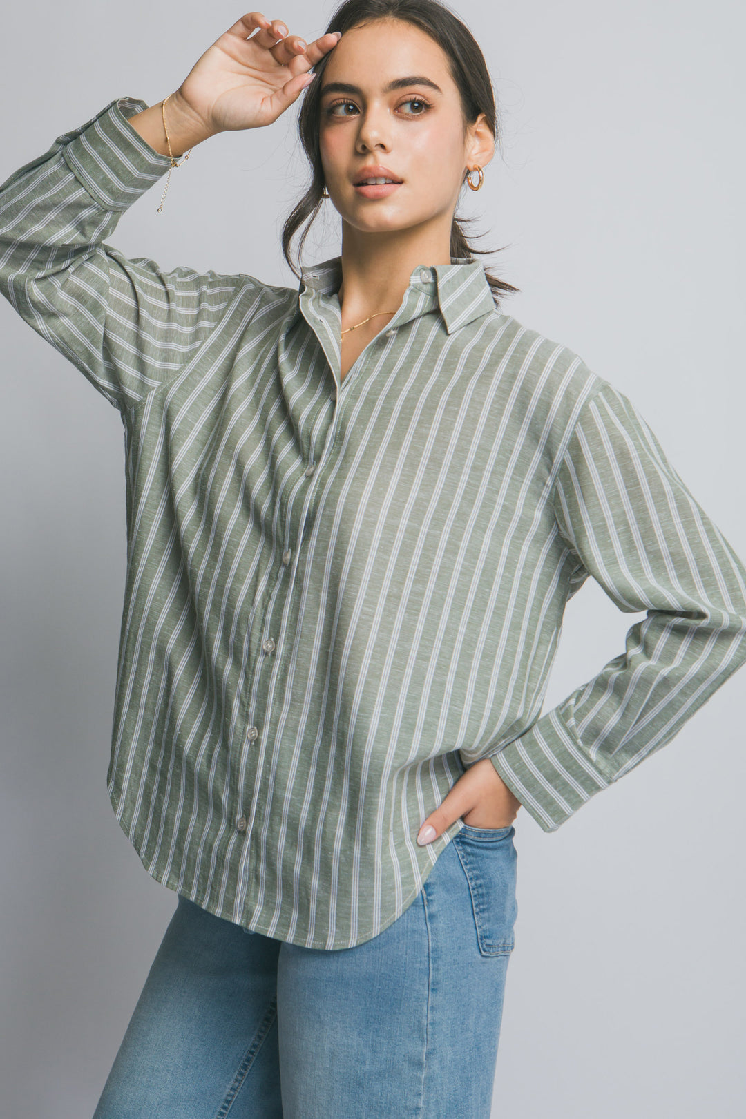 Camisa de Manga Larga para Mujer con Estampado de Rayas y Cuello Clásico