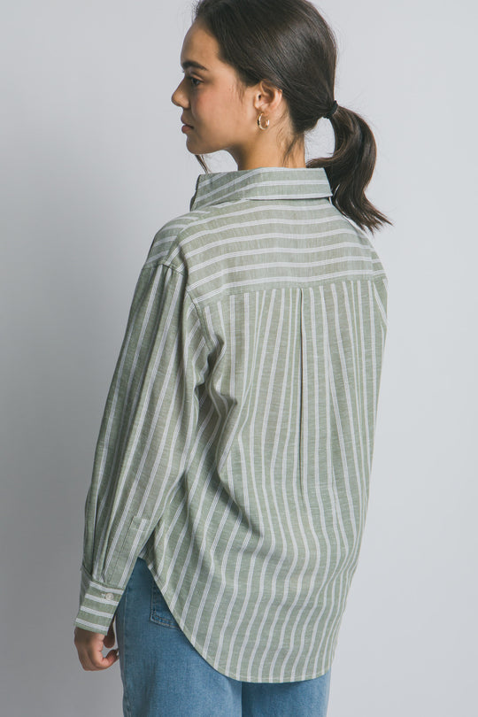 Camisa de Manga Larga para Mujer con Estampado de Rayas y Cuello Clásico