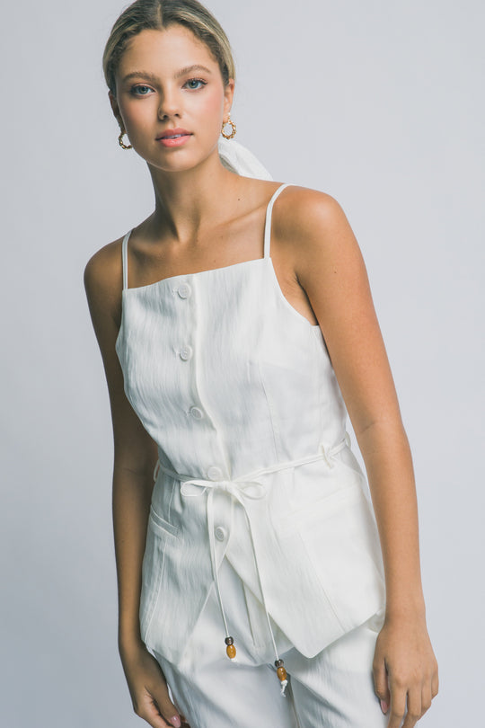 Blusa Chaleco  con Botones Frontales y Cinturón de Cordón Étnico