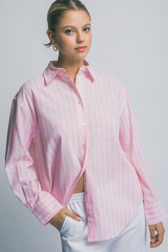 Camisa de Manga Larga para Mujer con Estampado de Rayas y Cuello Clásico