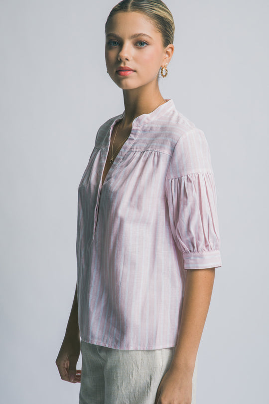 Blusa de Rayas Verticales para Mujer - Manga Media y Cuello V