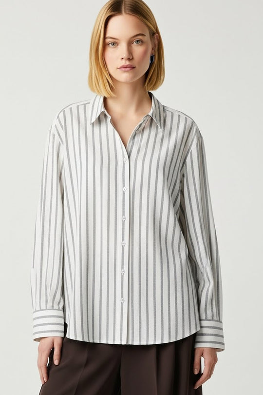 Camisa de Manga Larga para Mujer con Estampado de Rayas y Cuello Clásico