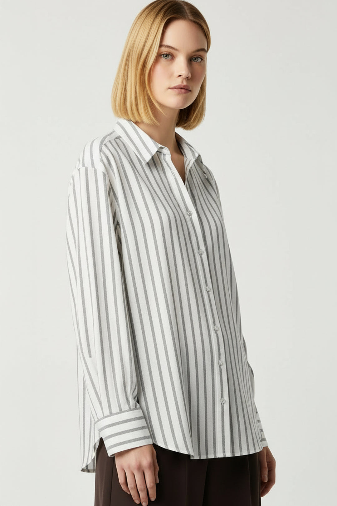 Camisa de Manga Larga para Mujer con Estampado de Rayas y Cuello Clásico