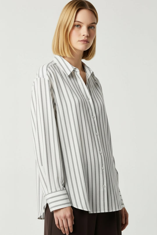 Camisa de Manga Larga para Mujer con Estampado de Rayas y Cuello Clásico