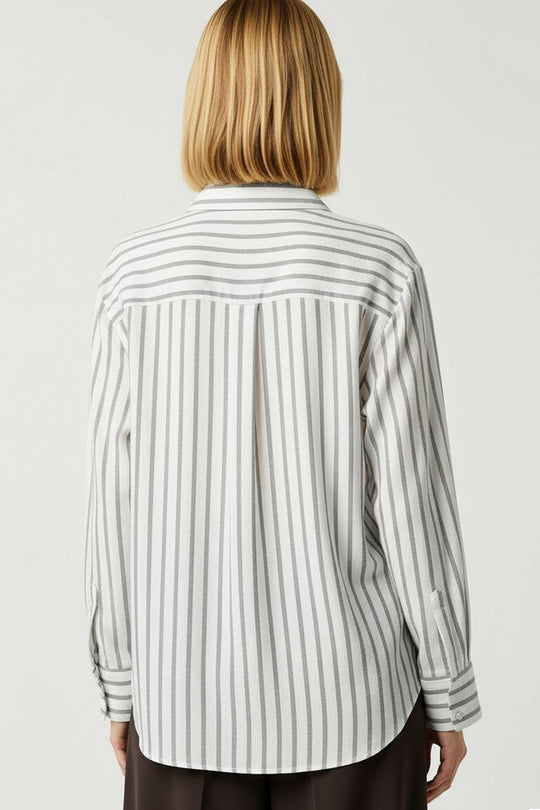 Camisa de Manga Larga para Mujer con Estampado de Rayas y Cuello Clásico