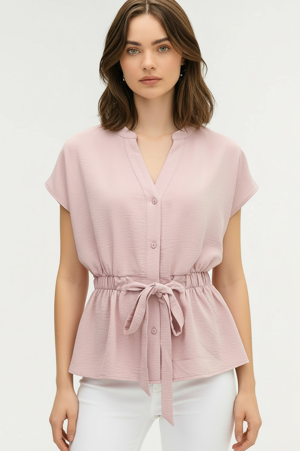 Blusa Manga Corta para Mujer con Amarre en Cintura y Cuello V