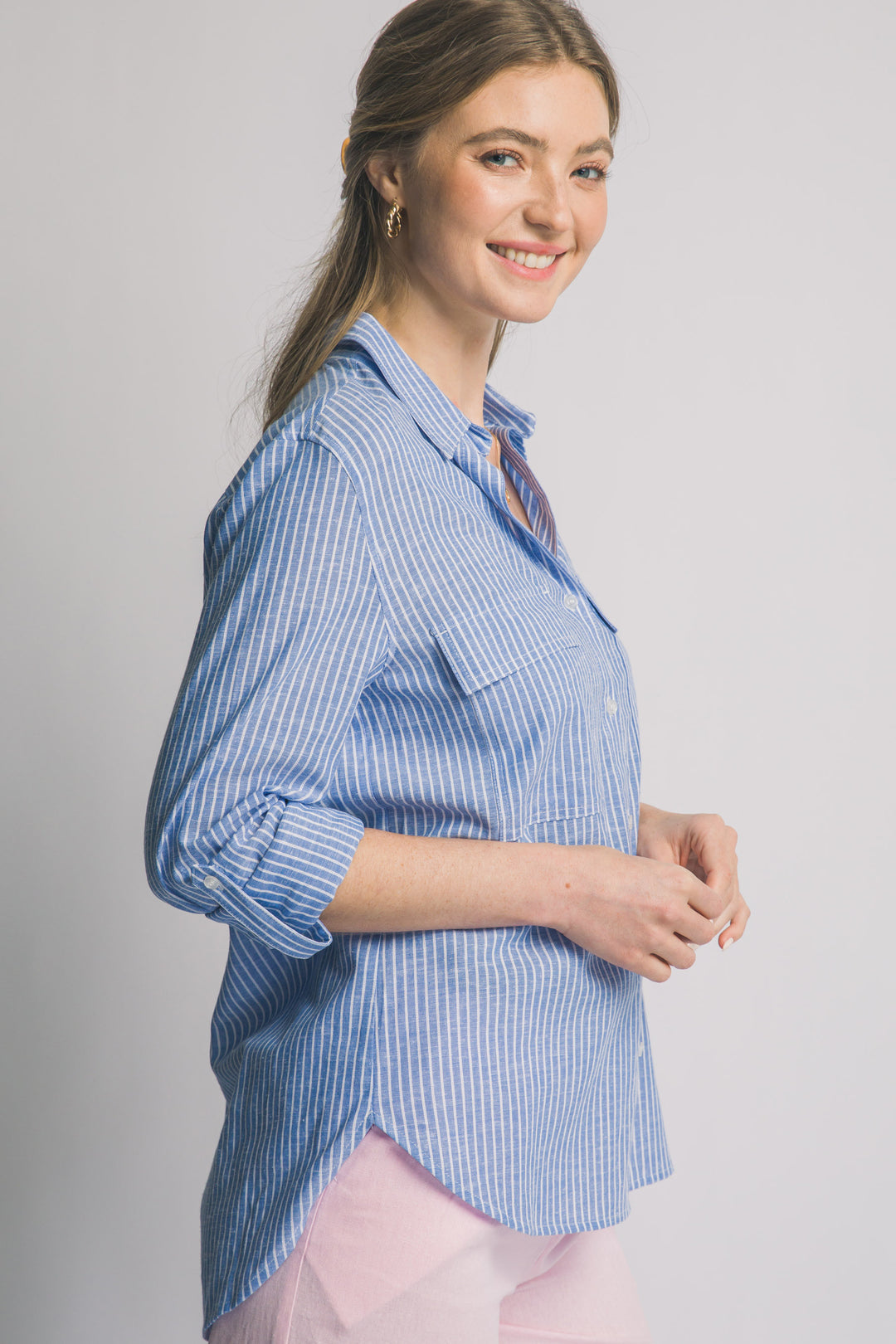 Blusa Para Mujer de Lino a Rayas Diplomáticas - Diseño con Bolsillos Frontales