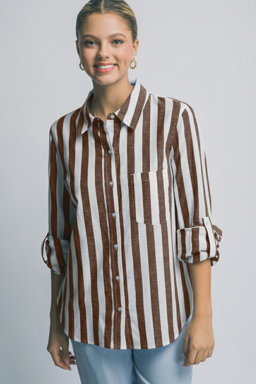 Camisa Manga Larga de Rayas Verticales para Mujer - Corte Holgado