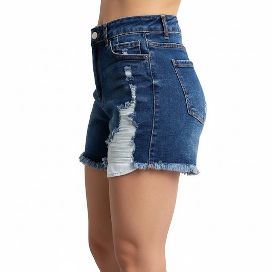 Short de Mezclilla Dama Talle Alto con Bolsillos y Estilo Desgastado