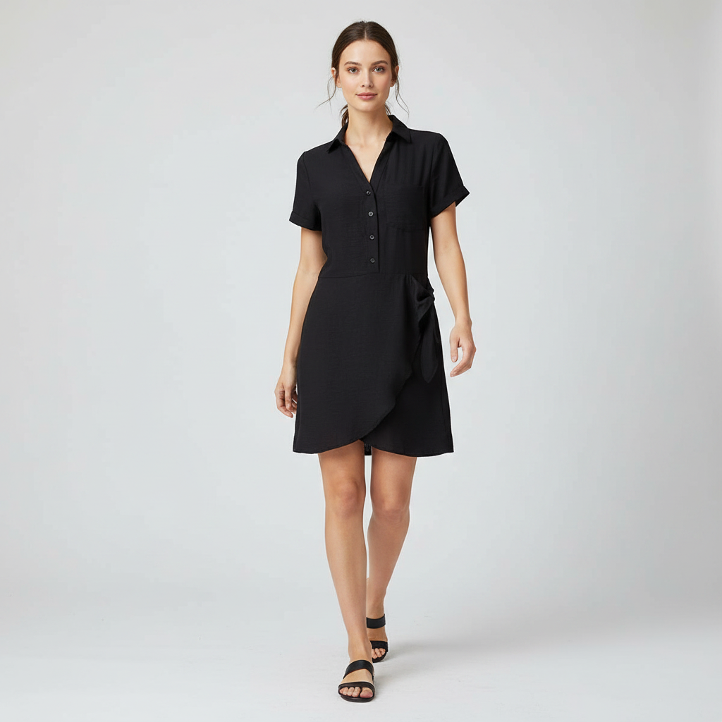 Vestido Camisero Negro para Mujer con Botones Frontales
